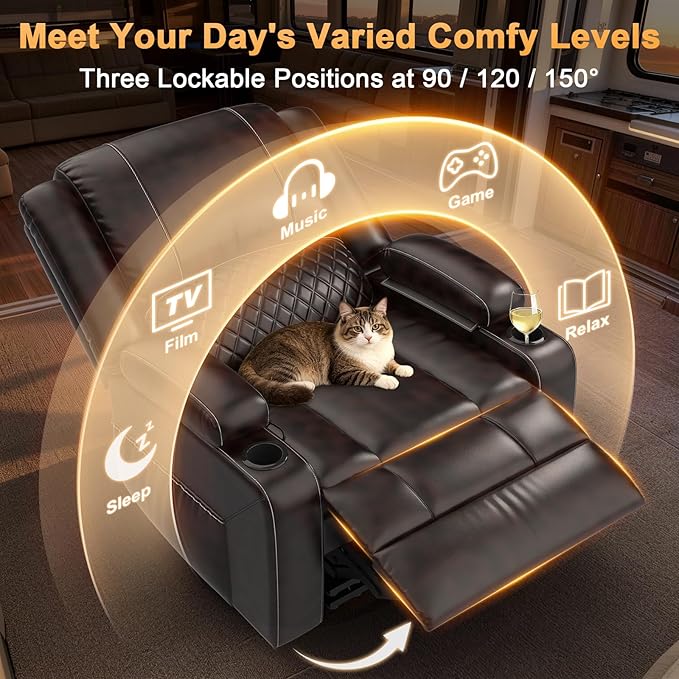 Oversized Manual Recliner Chair, 3X Recliner Home Theater Seating, RV Recliner Single Sofa with Storage, Cup Holder & Side Pocket, Reclining Chair for RV, Home Theater & Living Room (Single, Brown)