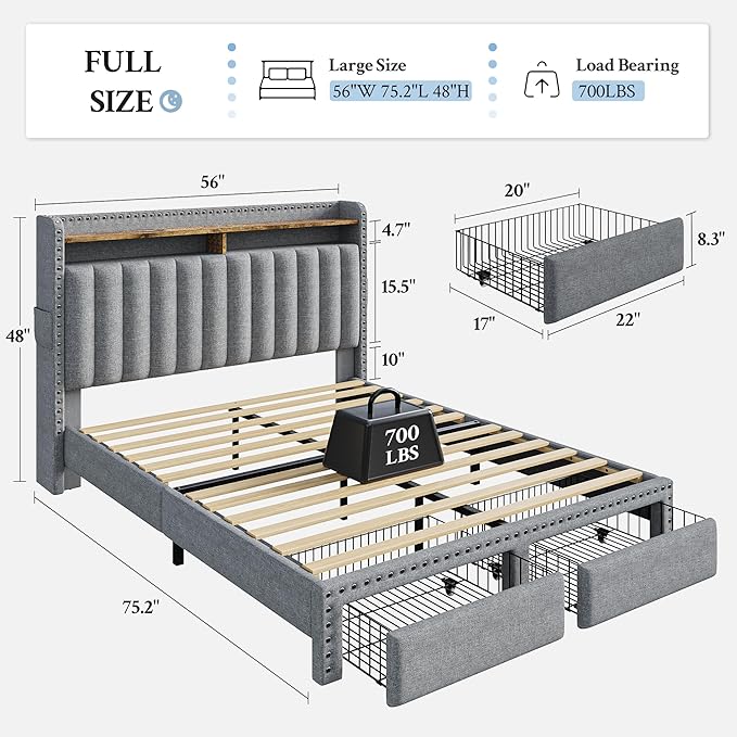EnHomee Full Size Bed Frame, Upholstered Full Bed Frame with 2 Storage Drawers and 2-Tier Headboard, Vertical Tufted Headboard Design, Extra Storage Space for Bedroom Apartment, Grey