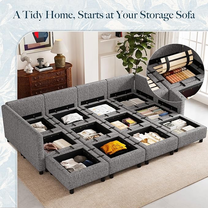 Belffin 110.2" 12 Seats Modular Sectional Sofa Sleeper Sofa Big Washable Sectional Couches for Living Room Comfy Couches with Storage Seat Couch Sofas with Chaise,Grey