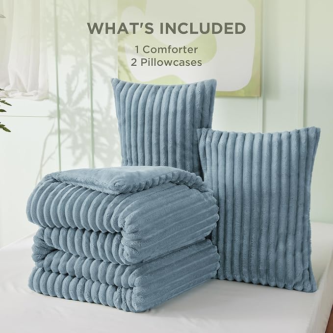Bedsure Comforter Set Queen Size - GentleSoft™ 3 Pieces Double-Side Fleece Fluffy Mineral Blue Comforter Set, Cozy Striped Room Decor Aesthetic, Luxury Bedding Queen Size, 2 Pillowcases, 90x90 Inches