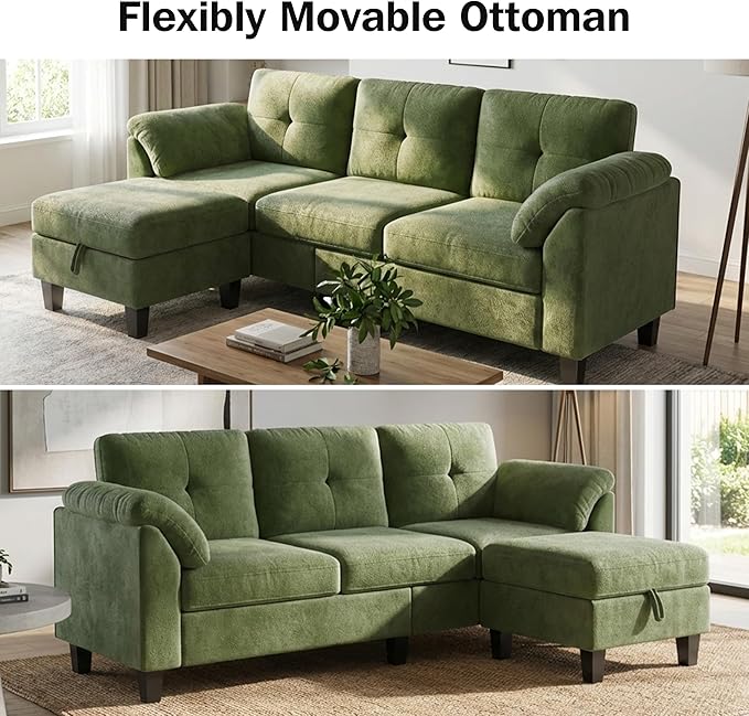 WEUP 79" Convertible Sectional Couch with Storage Ottoman, L Shaped Small Sofa, 4 Seat Couches for Living Room, Apartment, Small Space, Green