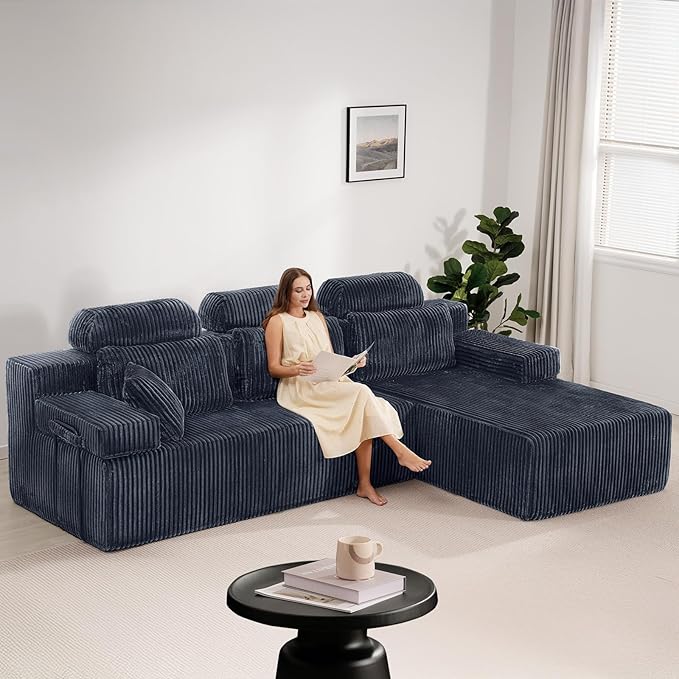 106’’ Sectional Couch with High Backrest, L-Shape Modular Sectional Sofa Convertible Left or Right Chaise, Cloud Corduroy, Boneless Couches Comfortable for Living Room(Dark Grey)