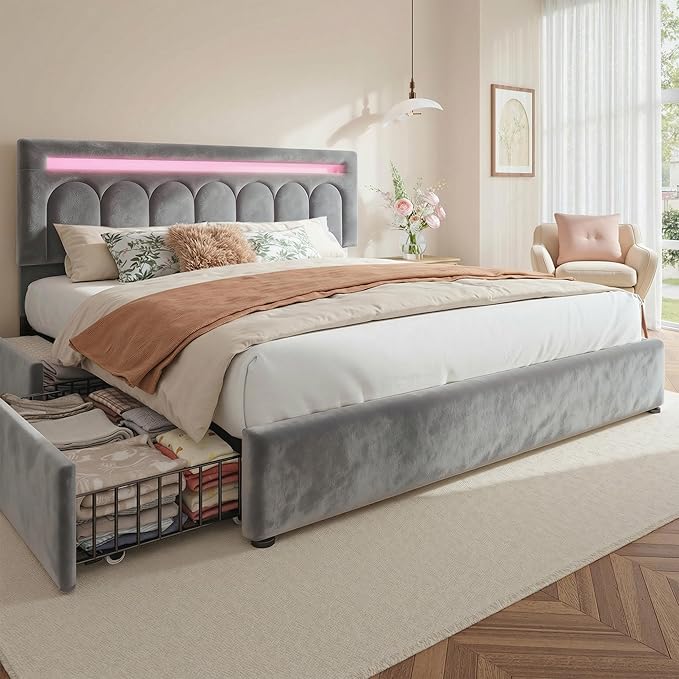 Homkdom Velvet Upholstered King Size Bed Frame with 4 Storage Drawers, Vertical Arched LED Headboard, Sturdy Wood Slats Support, No Box Spring Needed, Grey