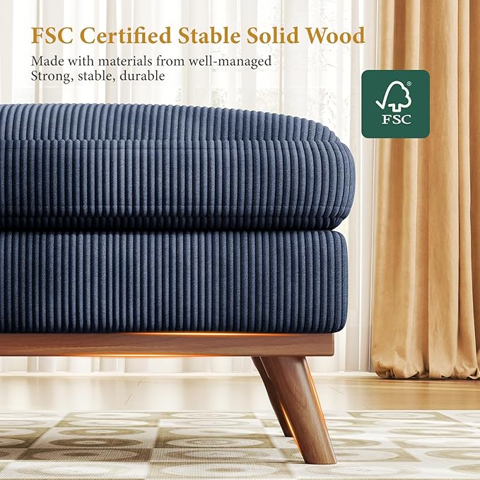 Vesgantti Large Ottoman for Modular Sofa, 29.5" Corduroy Ottoman with Spring Cushion, Rectangle Foot Rest for Couch, Entrance Footstool with Wood Legs, Footstool for Living Room, Bedroom, Dark Blue