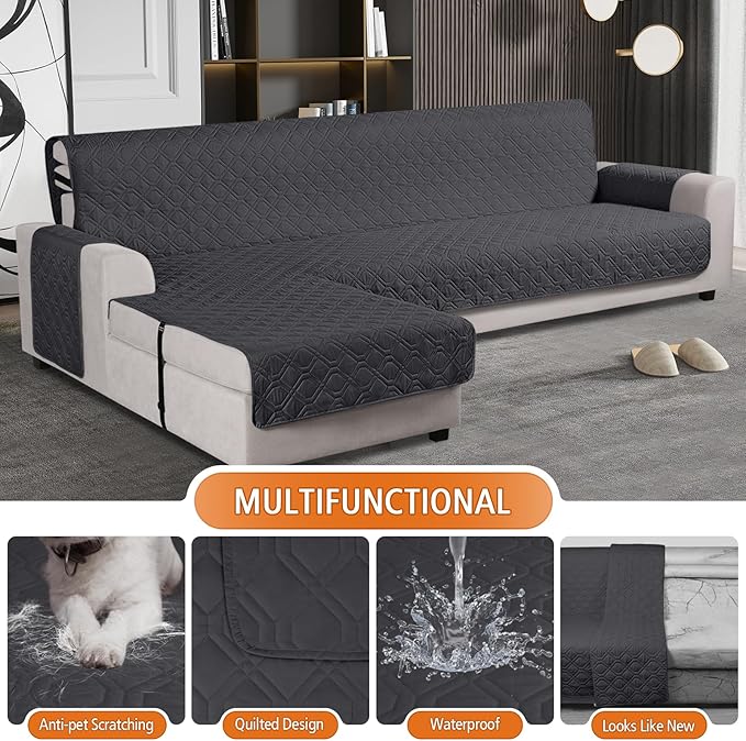 VANSOFY Upgraded Sectional Couch Covers 100% Waterproof L Shaped Sofa Slipcover Reversible Chaise Lounge Cover for Sectional Sofa Furniture Protector Cover for Pets Dog Cat(X-Large, Charcoal Gray)