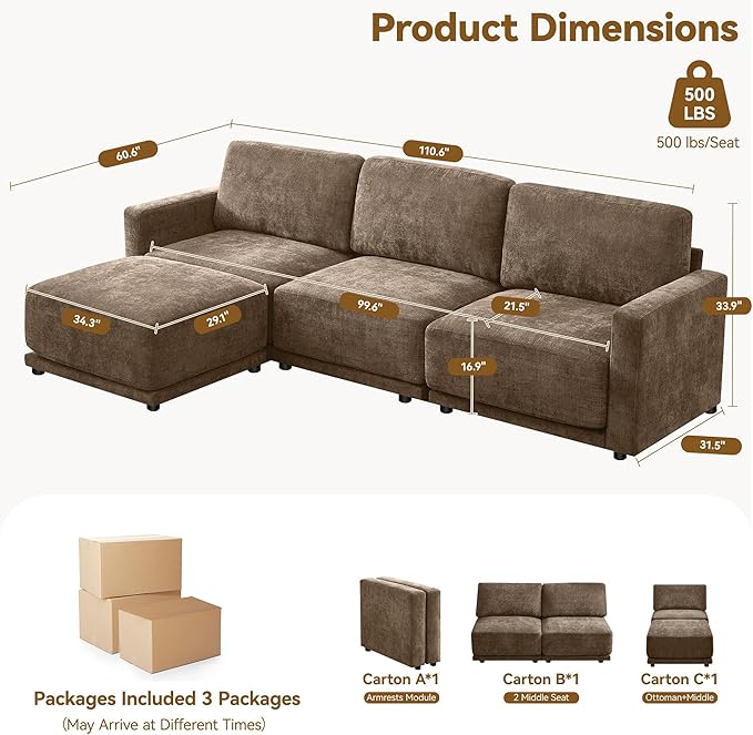 110.6" L Shaped Modular Sectional Sofa Modern Chenille Comfy Couch with Thickened Seat Cushions, Easy Assembly, Upholstered 4 Seater Couch with Movable Ottoman for Living Room, Brown