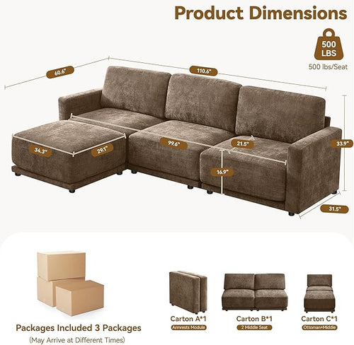 110.6" L Shaped Modular Sectional Sofa Modern Chenille Comfy Couch with Thickened Seat Cushions, Easy Assembly, Upholstered 4 Seater Couch with Movable Ottoman for Living Room, Brown