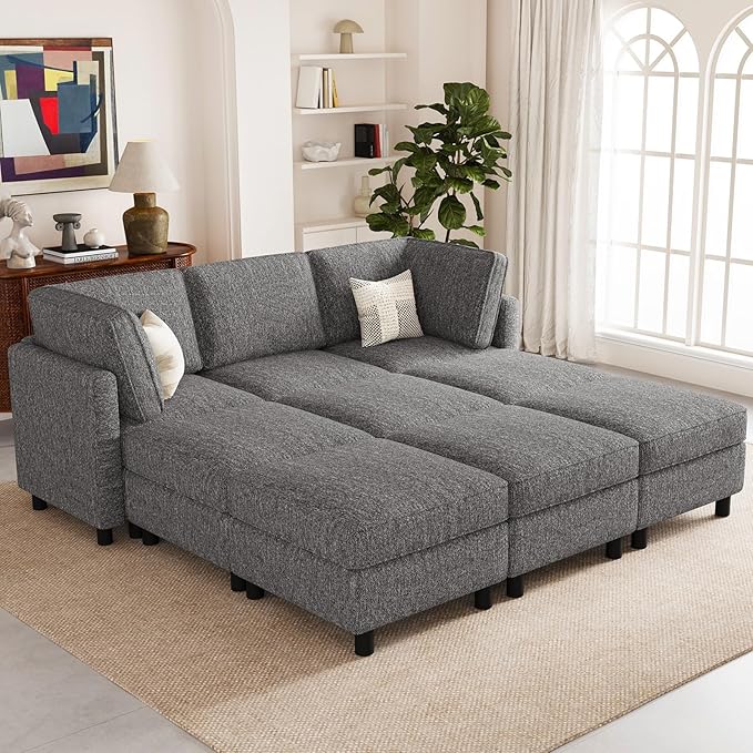 Belffin 84.3" 9 Seats Sleeper Sofa Modular Sectional Sofa Washable Sectional Couches for Living Room Comfy Couches with Storage Seat Couch Sofas with Chaise,Grey