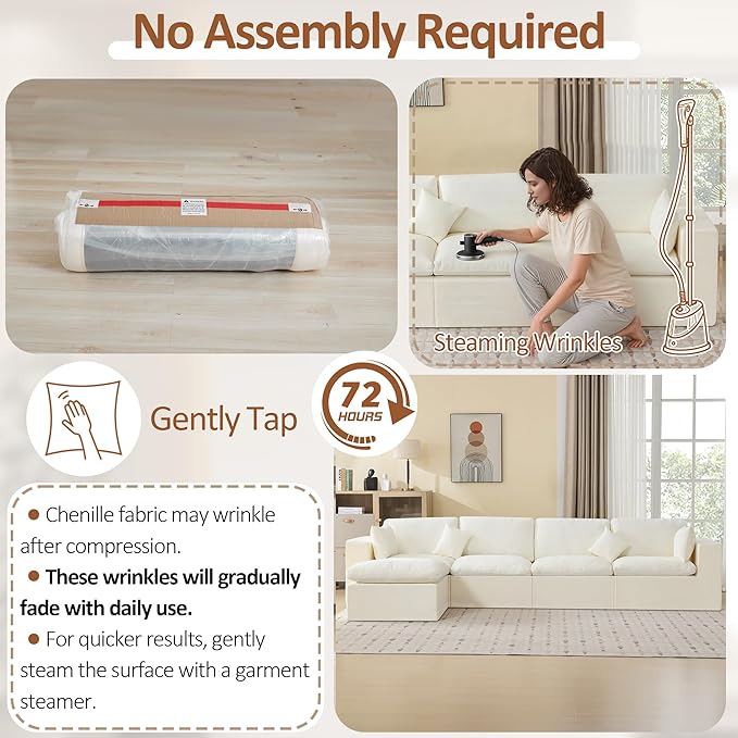 146''Cloud Boneless Sectional Couch, Modular Sectional Sofa Deep Seat with Ottoman, Oversized Upholstered Convertible Comfy 5 Seater Chenille Sofa L Shape Couches for Living Room, Beige