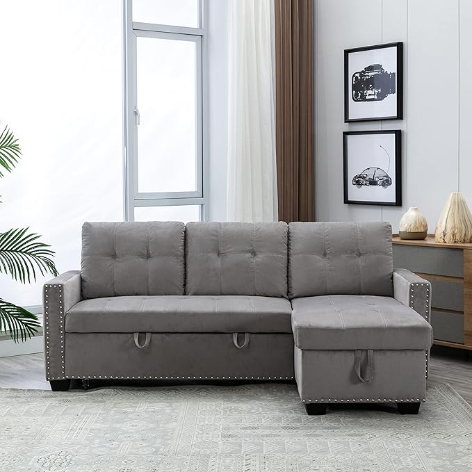 HABITRIO Sectional Sofa with Pull-Out Sleeper Bed, 76.8" Velvet Upholstered 2-Seat Solid Wood Frame Couch & Reversible Storage Chaise Lounge, Modern L-Shaped Corner Sofa for Living Room, Office