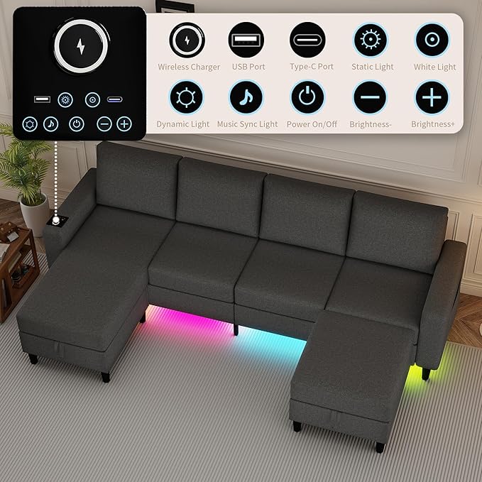 Sectional Couches for Living Room, 109" U Shaped Cloud Couch with Chaise Lounge/Storage Ottoman, 4 Seat Linen Sectional Sofa with Smart Module-Wireless Charging/USB/Type-C/RGB Lights (Dark Grey)