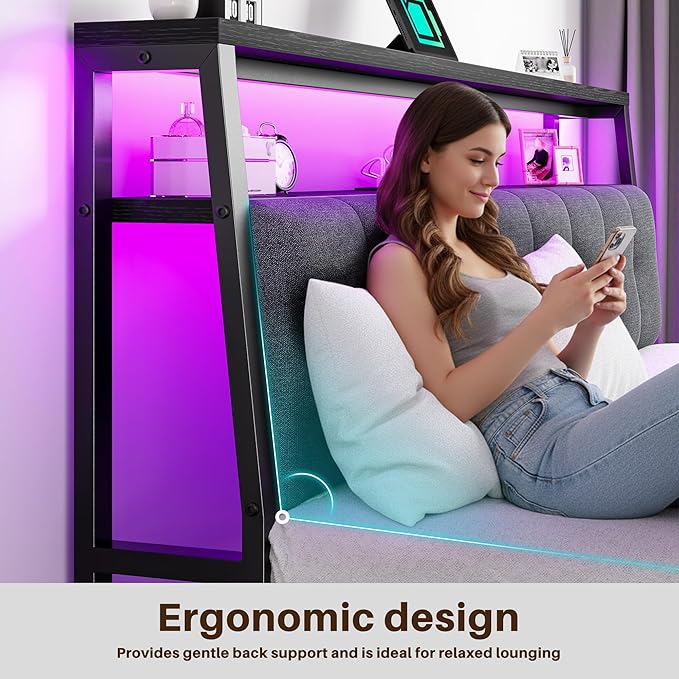Homkdom King Size Bed Frame with Smart LED Lights, Upholstered Headboard with Charging Station Type C, Metal Platform with 12" Under-Bed &2-Tier Storage Shelves, No Sliding, Noiseless, Black