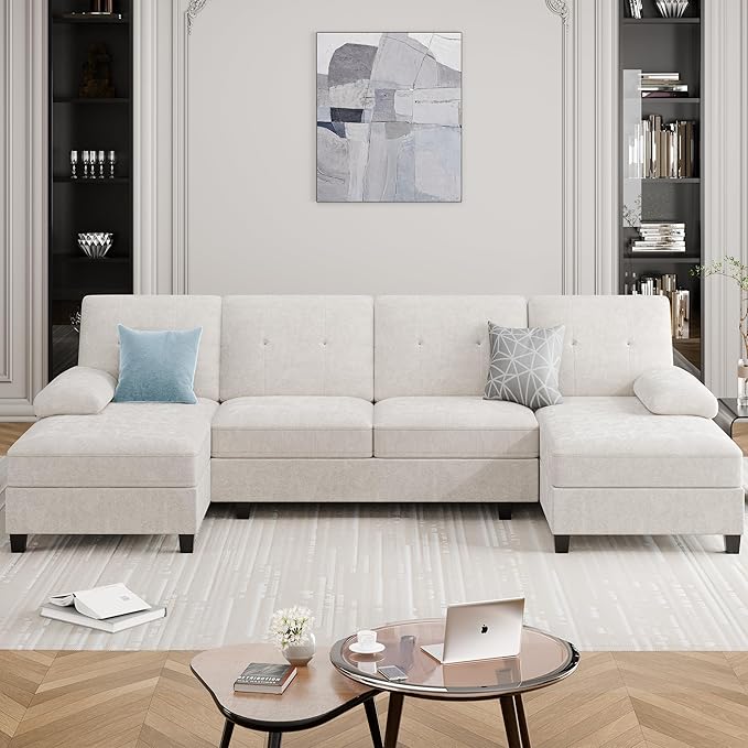 Meilocar 106" U Shaped Sectional Sofa for Living Room, 4-Seat Fabric Couch with Double Chaise Longue, Comfortable Large Sectional with 300lbs Capacity per Seat for Apartment & Home, Pure White