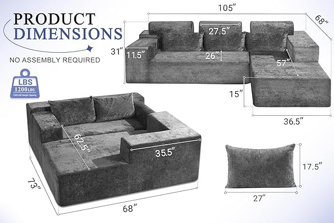 HABUTWAY 105" L-Shape Modular Sectional Sofa Couch for Living Room,No Assembly Required,Modular Comfy Sofa with Deep Seat for Living Room Bedroom,Luxury Distressed Velvet(Right,Grey)
