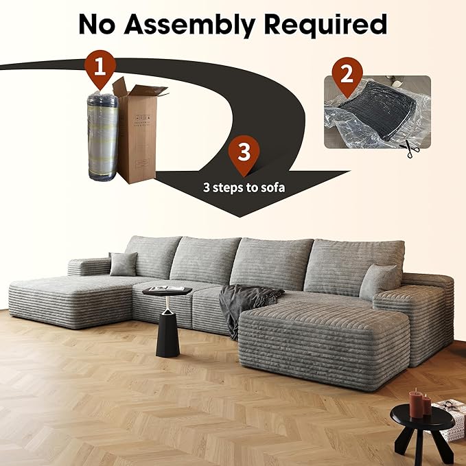 136" Sectional Couches for Living Room Modern Modular Sofa with L-Shape Couchs Upholstered Boneless Couch Deep Seat Sectional Couch with Chaise (Grey, Left Facing Chaise+3Seaters+Ottoman)