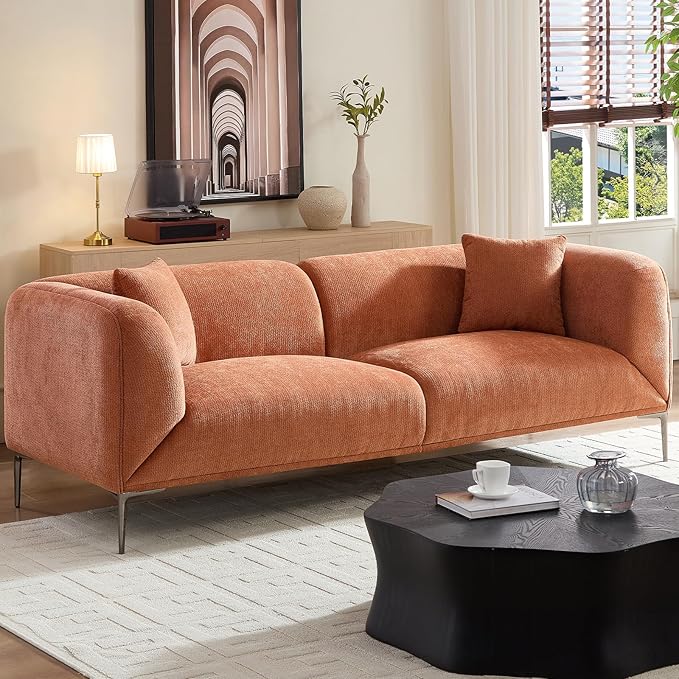 MEETAKING 82.68" Modern Sofa, 3-Seater Deep Seats Tuxedo Couch, Boucle Sofas with 2 Pillows, Minimalist Couches Straight with Metal Legs, High Armrests for Living Room,Bedroom,Home Office(Orange)