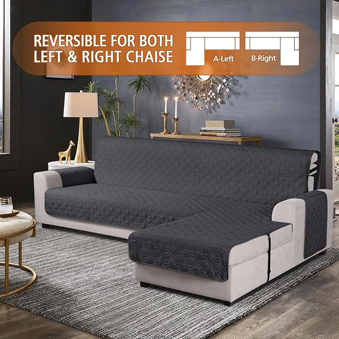 VANSOFY Upgraded Sectional Couch Covers 100% Waterproof L Shaped Sofa Slipcover Reversible Chaise Lounge Cover for Sectional Sofa Furniture Protector Cover for Pets Dog Cat(Large, Charcoal Gray)