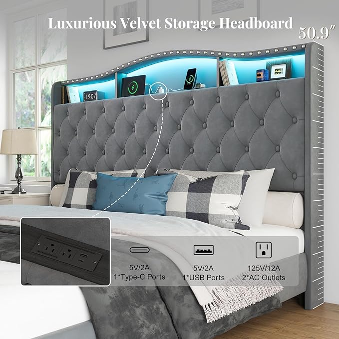 Belffin King Size Bed Frame and Headboard, 50.9" Velvet Upholstered Wingback Bedframe with LED Lights & Storage/Charging Station, Button Tufted Tall Footboard, No Box Spring Needed, Noise-Free, Grey