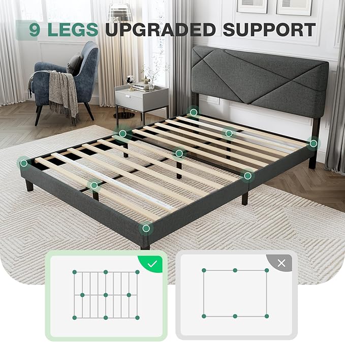 Novilla Queen Bed Frame with Headboard, Linen Upholstered Bed Frame Queen Size, No Box Spring Needed, Heavy Duty Feet, Easy Assembly, Dark Grey
