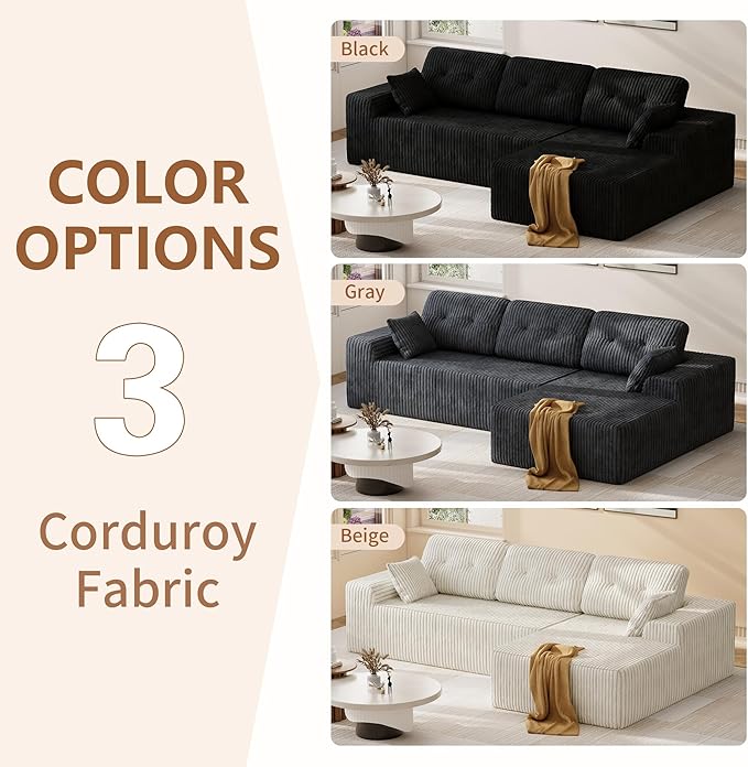 Ball & Cast 106" Cloud Modular Sectional Sofa, Boneless Corduroy Couch with Deep Seat, Comfy L-Shaped Sectional, Modern Upholstered Sofa for Living Room, No Assembly (Black, Right Facing Chaise)