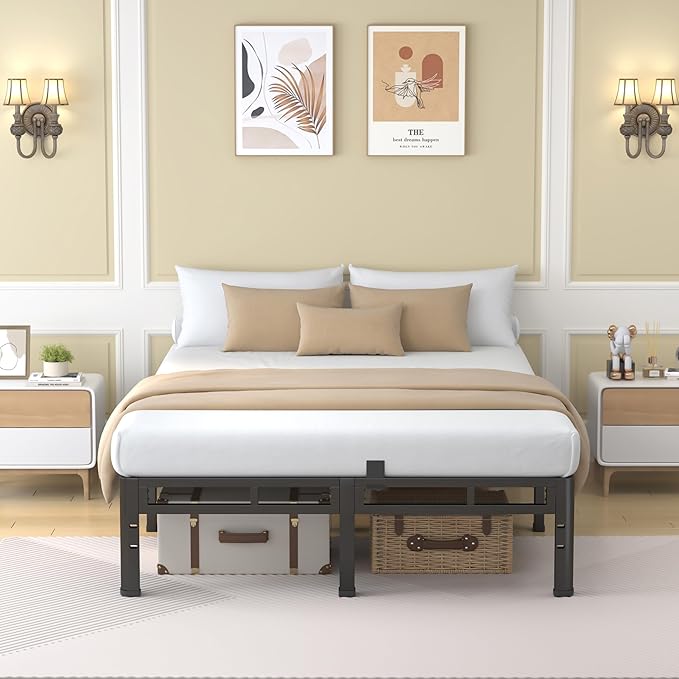 NKZ 12 Inch Queen Size Bed Frame, Metal Bed Frame & Box Spring 2 in 1 Platform with Round Corner Legs, 4000Lbs Heavy Duty Metal Frame, Mattress Slide Stopper, Headboard Hole, Noise-Free, Easy Assembly