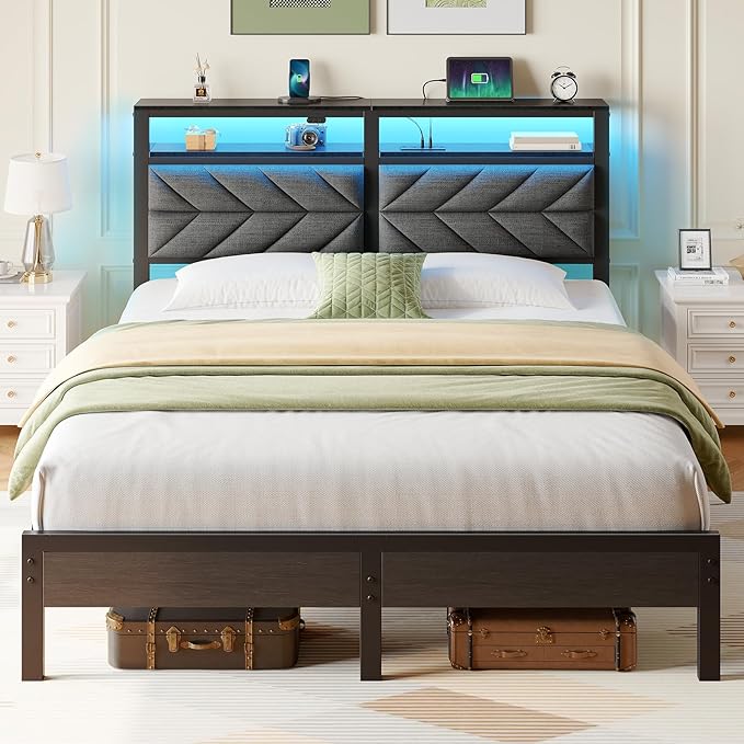 Seventable Full Size Bed Frame with Charging Station & LED Lights, Upholstered Headboard with Storage Shelves, Metal Platform with Under Bed Storage, No Box Spring Needed, Easy Assembly, Dark Grey