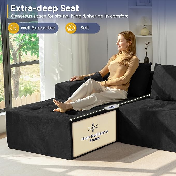 MAXYOYO Modular Sectional Sofa Couch, L Shaped Modern Cloud Couch with 1 Ottoman, Sofa in A Box, Tufted 4-Seat Boneless Sleeper Chair for Living Room, No Assembly Required, Black