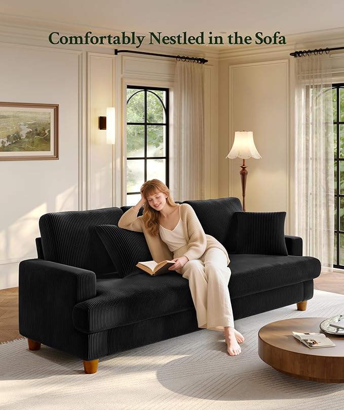 87.2" Couches for Living Room, Comfy Black Couch 7.5" Extra Thick Cushion, Sofas for Living Room Tool-Free Setup, Loveseat Sofa 848lbs Support, Corduroy Couch for Bedroom, Apartment, Office