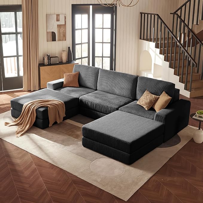Modular Sectional Sofa, 120.47" Modern Cloud Couch Sectional Sofa with U-Shaped Chaise Comfy Corduroy Fluffy Couch with Deep Seat Boneless Couches for Living Room Bedroom, Black