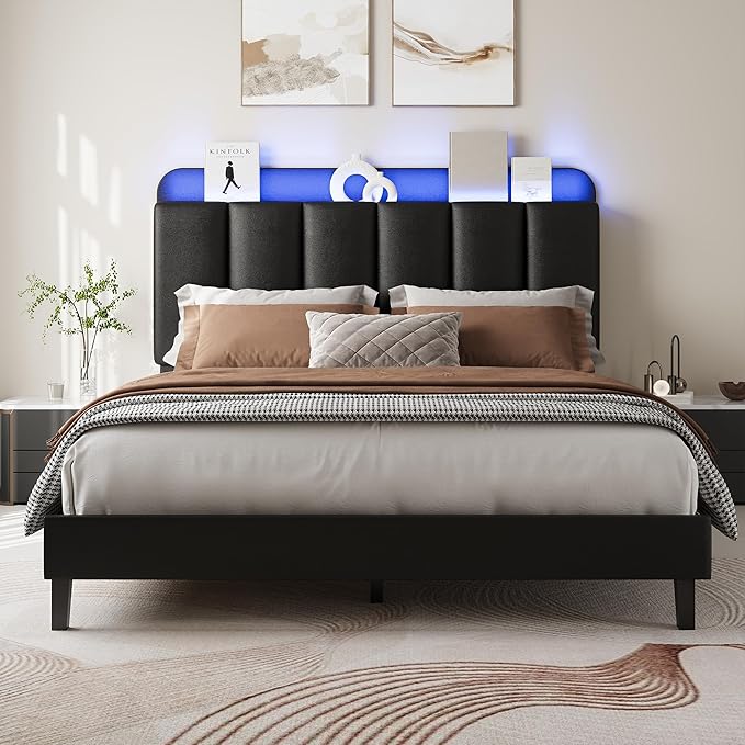 BarnFurin Queen Bed Frame with LED Lights, Upholstered Bed Frame Queen Size with Storage Headboard, Modern Platform Design Noise-Free, No Box Spring Needed, Easy Assembly, Black