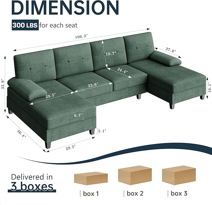 Meilocar Sectional Couches for Living Room, 106 in U Shaped Couch Soft Sectional Sofa with Double Chaise, Comfortable Fabric 4 Seat Sofa Couch for Apartment (Green)
