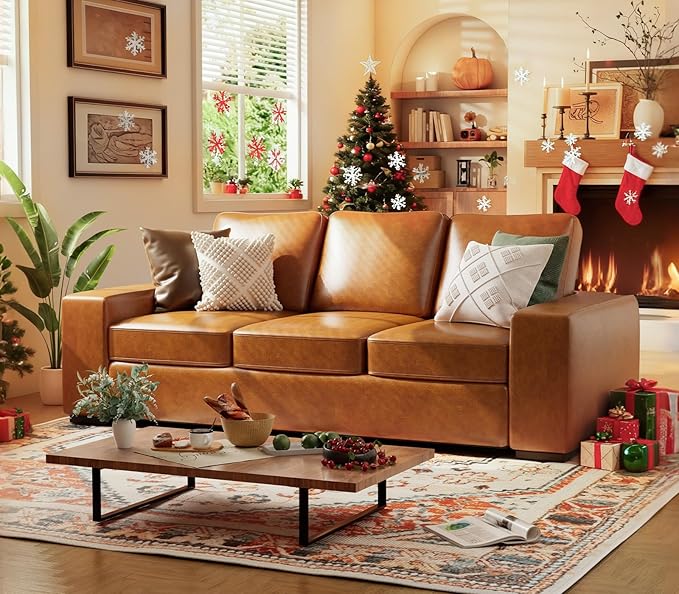 ELUCHANG 85" Luxury 3 Seater Sofa Couch for Living Room, Modern Upholstered Faux Leather Sofas Couches with Extra Deep Seats&Removable Cover, Comfy Sofa Couch for Small Space Apartment Lounge, Brown
