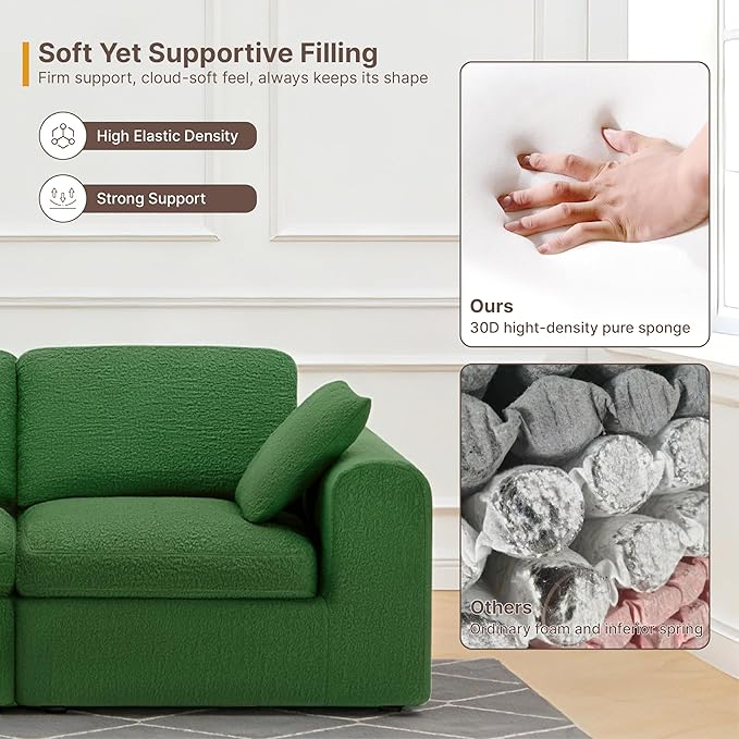 138" Boneless Cloud Couch Sectional No Assembly Required Modular Sofa with Deep Seat for Living Room U Shaped Couch with Ottoman Snowflake Fabric and Memory Sponge Moss Green