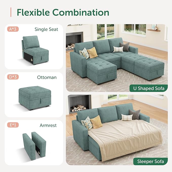 HONBAY Modular Sectional Couch Sleeper Sofa Bed with Storage Seats Oversized Sectional Couches for Living Room,Blue