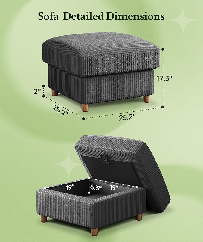 25.2" Couches for Living Room, Comfy Grey Ottoman with Storage, Foot Rest Tool-Free Setup, Small Ottoman Foot Rest for Couch, Corduroy Couch for Bedroom, Apartment, Office