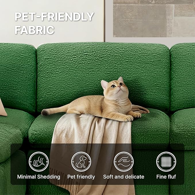 138" Boneless Cloud Couch Sectional No Assembly Required Modular Sofa with Deep Seat for Living Room U Shaped Couch with Ottoman Snowflake Fabric and Memory Sponge Moss Green