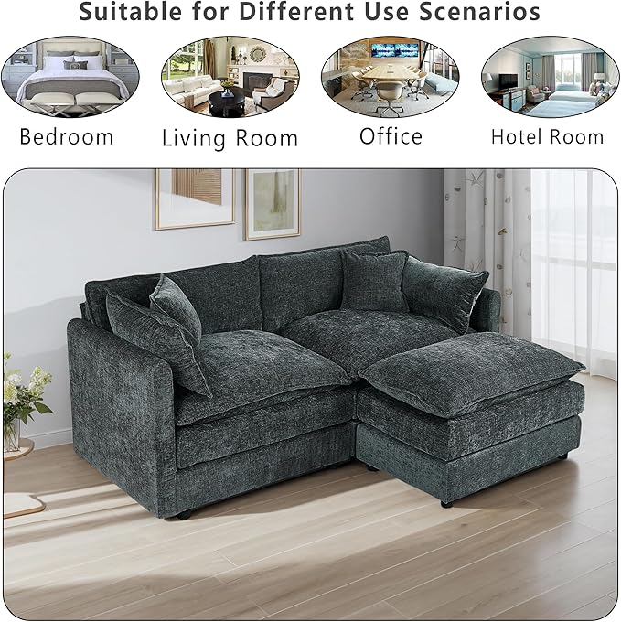 Setawix Deep Loveseat Couch with Ottoman,Large L-Shaped 2 Seater Cloud Couches for Living Room,77.16" Chenille Cloud Sofas with Deep Seat,Modular Sectional 2 Seat Sofa for Bedroom (Grey, 2+1)