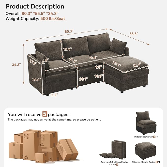 80" Cloud Modular 3 Seater Sofa with Storage Ottoman, Modern Upholstered Storage Sofa Couch Deep Seat, L Shape Sectional Sofa Chenille Comfy Couch with Armrests for Living Room, Small Space, Brown | 3 Seater Sofa, Storage Ottoman, Storage Sofa, Deep Se...