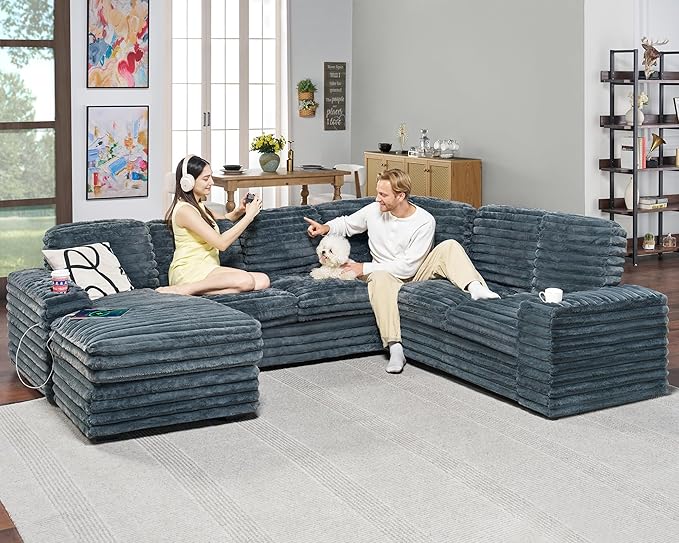 PaPaJet 112 Inch Oversized Couch, U Shaped Sofa with Storage Chaise, Sectional Sofa with Type-C & USB Ports, Faux Fur Dark Grey