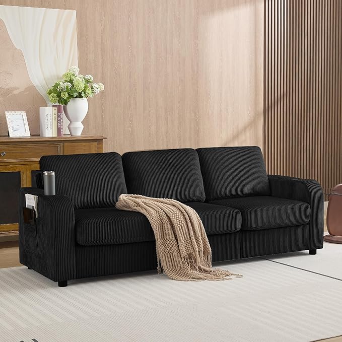 87.4" Oversized 3 Seater Couch,Upholstered Sofa for Living Room,Modern Deep Seat Comfy Loveseat Couches with Cup Holders,Corduroy Love Seat Sofa (Black)