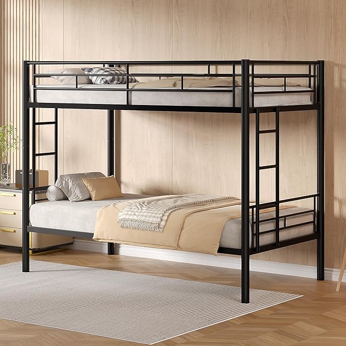 VECELO Bunk Bed Twin Over Twin, Metal Bunkbeds with Ladder and Full-Length Guardrail, No Box Spring Needed, Space Saving, Noise Free, Black