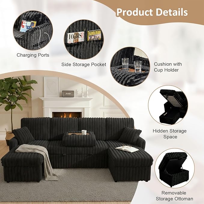 104" U Shaped Sleeper Sofa Bed, Sectional Couches for Living Room, Plush Corduroy Pull Out Couch Bed with Storage, Modular Sectional Couch with Charging Station, Cup Holder, Side Pocket, Black