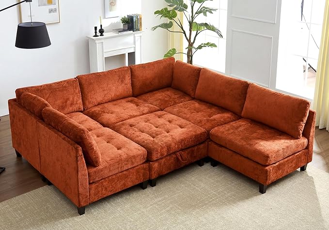 Luxe Oversized Modular Sectional Sofa Set，Modern Chenille Comfy Sectional Cloud Couch for Living Room (6-Seater + 1*Ottoman, Orange)