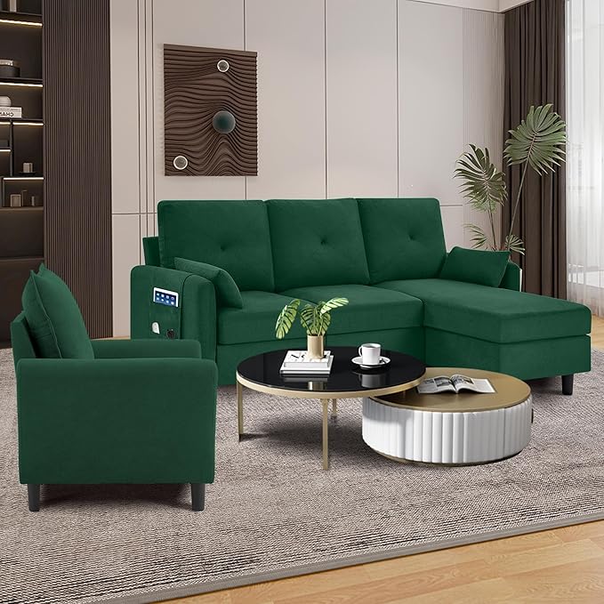 Convertible Sectional Sofa, 77" Small L Shaped 3 Seat Couch with Reversible Storage Chaise, and Accent Chair Set Modern Polyester Fabric Sofa Couches for Living Room, Apartment, Green