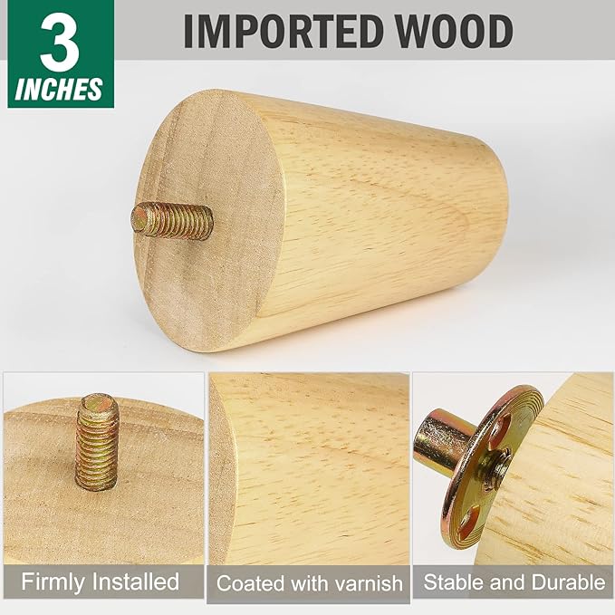 FoDau770 Rubber Wood Furniture Legs 3 Inches, Slant Tapered Wood Feet Mid Century Sofa Legs Set of 4, 5/16" UNC Furniture Feet Replacement Parts for Cabinet Couch Dresser Chair Ottoman Table