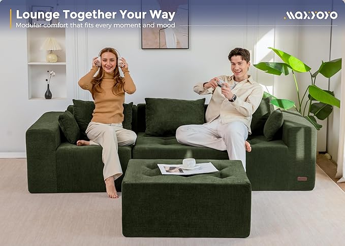 MAXYOYO Modular Sectional Sofa Couch, L Shaped Boneless Cloud Couch with Flexible Ottoman, Chenille Upholstered Living Room Sleeper Sofa Chair for Living Room, No Assembly Required, Dark Green