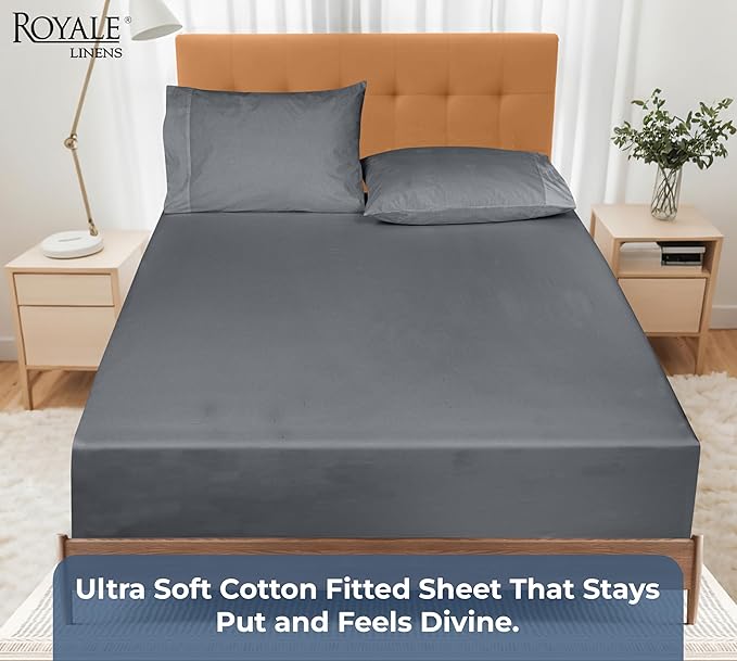 Royale Linens 100% Organic Cotton Fitted Sheet - Percale Weave - Super Soft Deep Pocket Bottom Sheets - Grey Elastic Sheet Queen Size - Queen Fitted Sheets Only - (60"x80"+15", Grey)