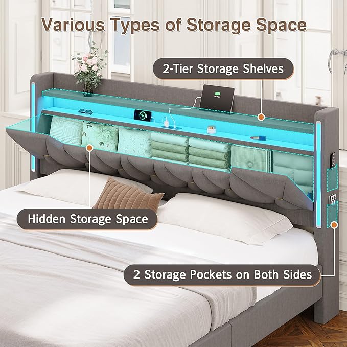 busyaeh King Size Bed Frame with Marshmallow Headboard and Storage, King Bed Frame with LED Lights & Charging Station, Upholstered Platform Bed with Metal Support, No Noise, No Box Spring Needed,Gray