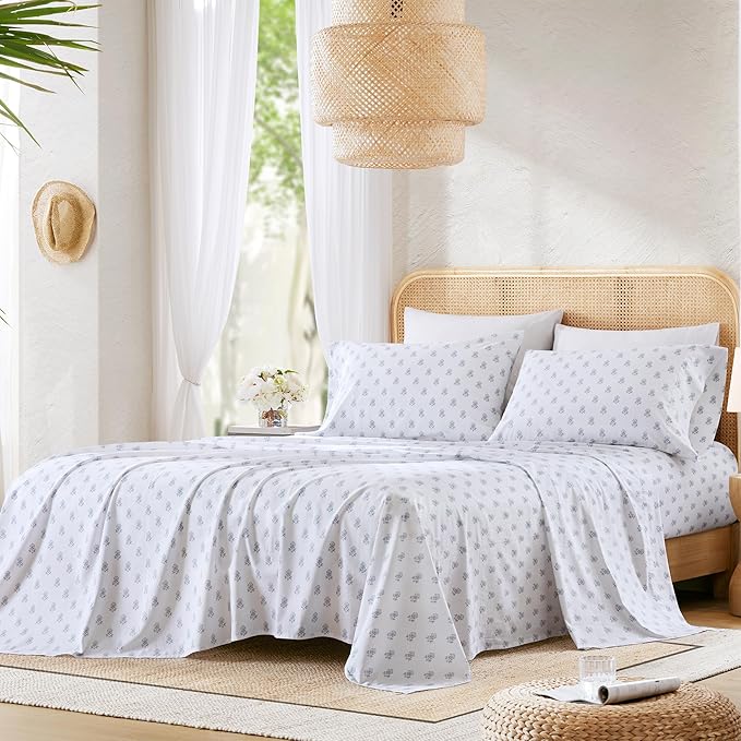 Comfort Spaces 100% Cotton Sheets Cal King, Breathable, Naturally Cool Cotton Sheets, Soft Cotton Bed Sheets with 14" Elastic Pocket Fits up to 16" Mattress, All Seasons Sheet Set, Floral Blue 4 Piece