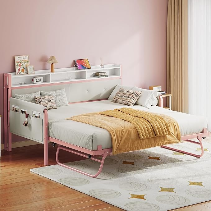 LIKIMIO Daybed with Trundle, Twin Bed Frame with Upholstered Headboard and Charging Station, Sofa Day Bed with Strong Supports for Living Room, Bedroom and Guest Room, Pink